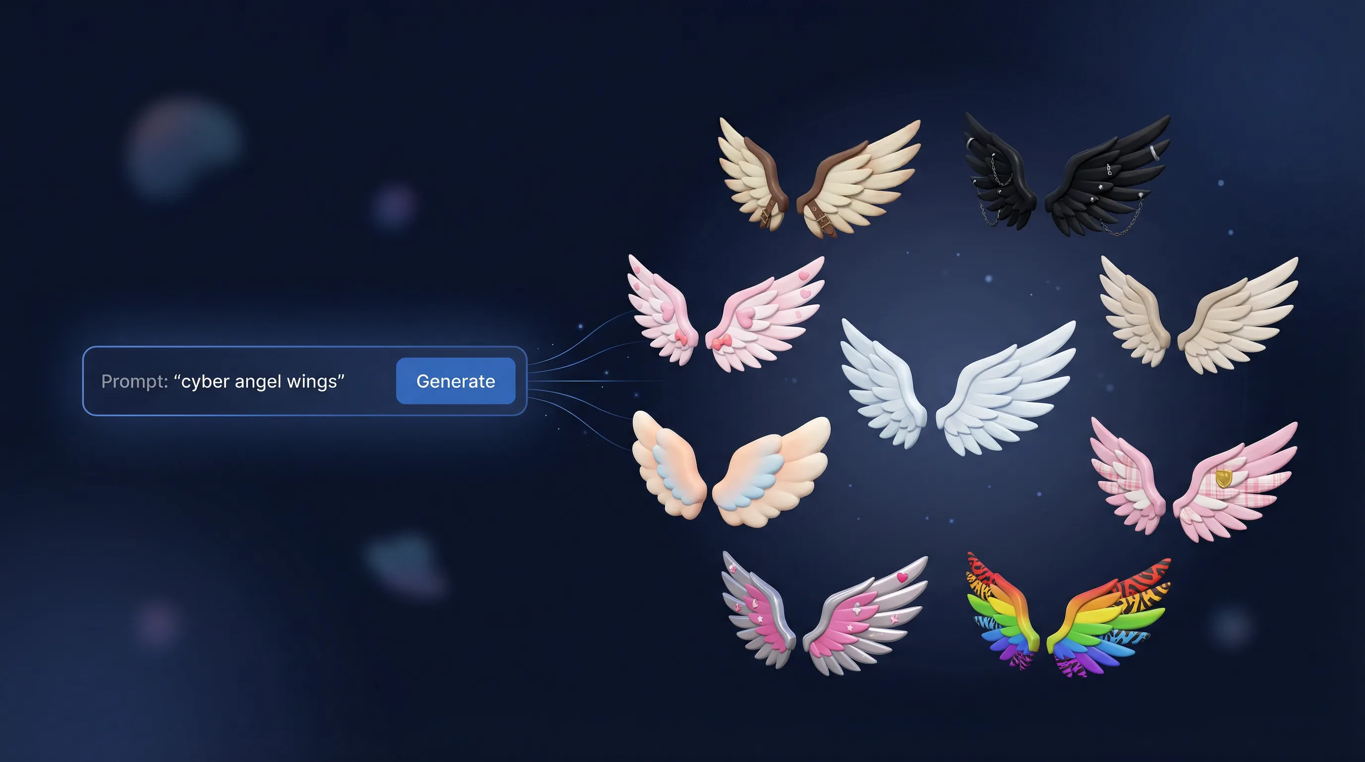 One prompt generates multiple creative variations of cyber angel wings
