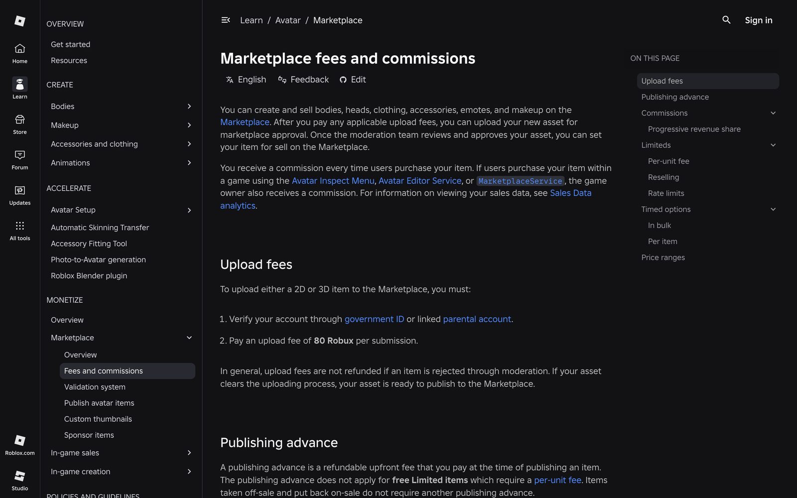Roblox official upload fees documentation