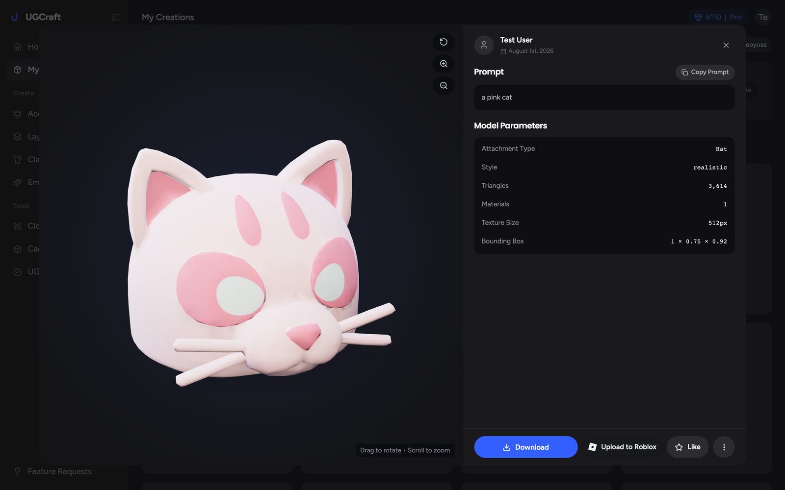 The Upload to Roblox button in the UGCraft asset detail view