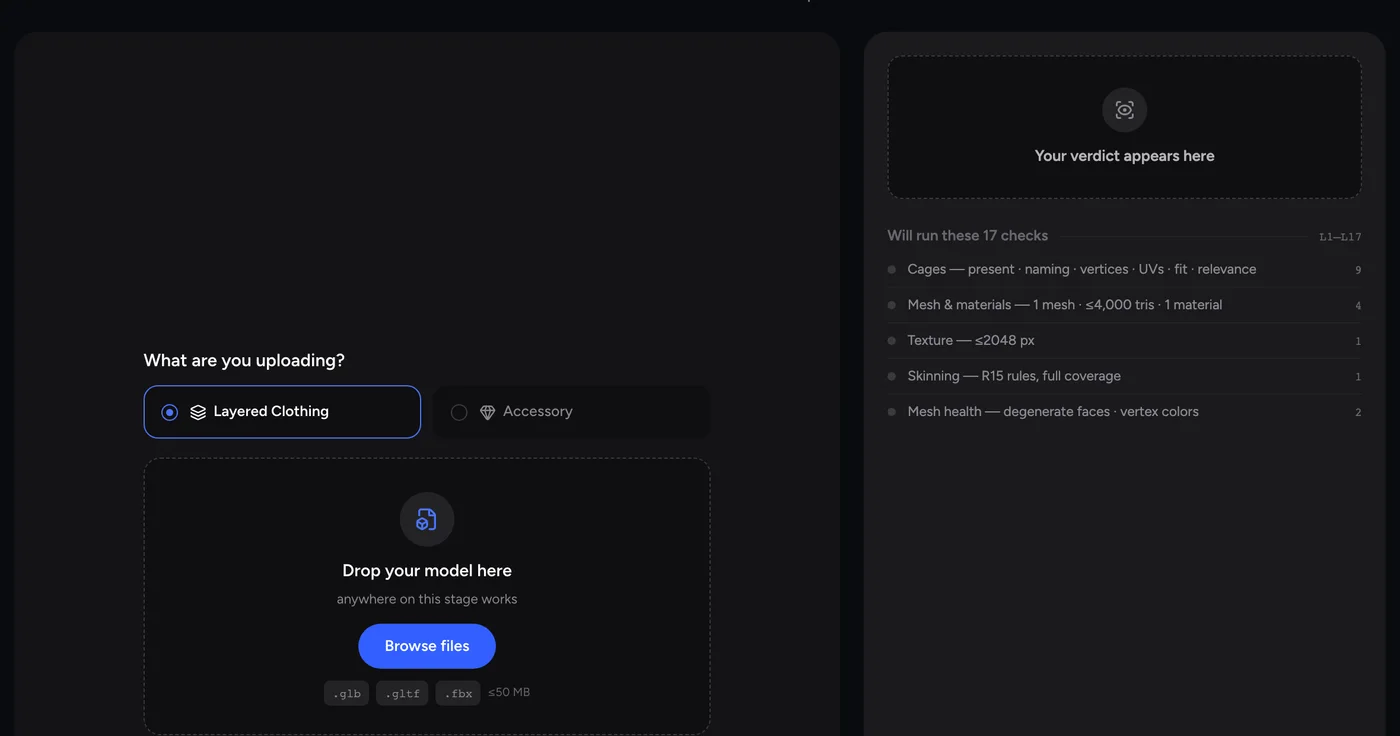 The UGC Requirements Checker showing its upload stage and the checklist it runs β cages, mesh and materials, texture, skinning and mesh health