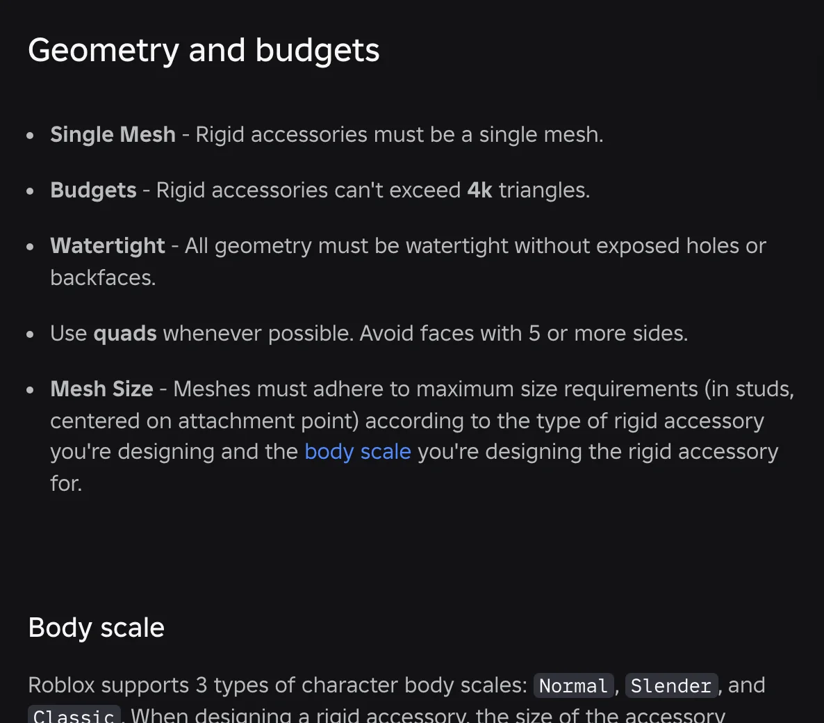Roblox's official rigid accessory specifications showing the single mesh requirement, the 4k triangle budget, and the watertight geometry rule