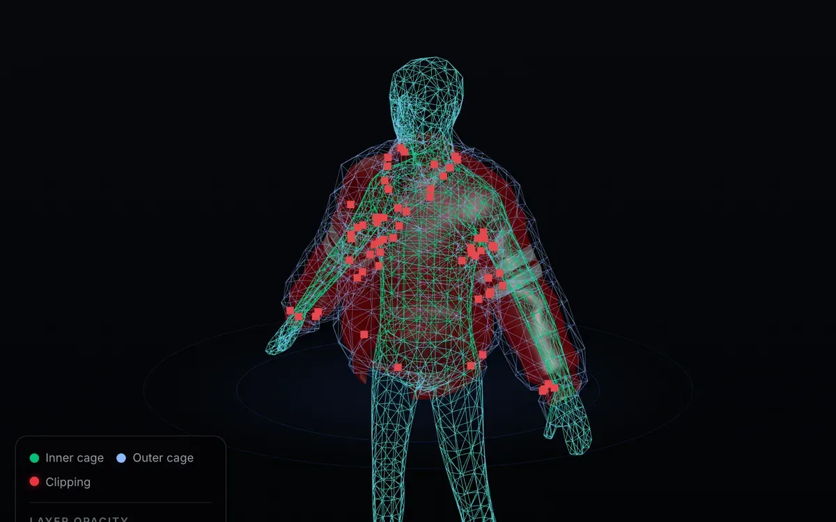 X-ray view of a layered jacket showing the inner cage wireframe in green, the outer cage in blue, and clipping points where the garment mesh escapes the outer cage marked in red